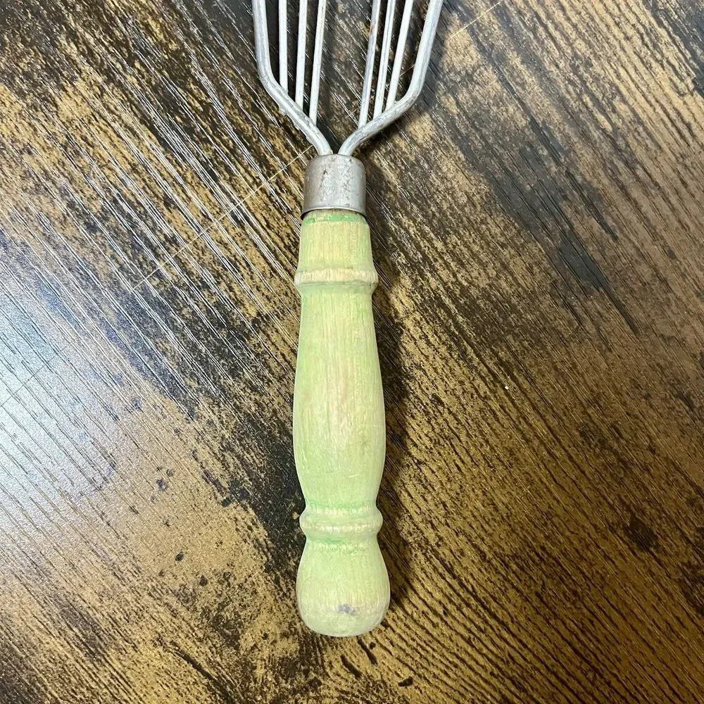 Vintage Farmhouse Kitchen Utensil Green Wooden Handle Whisk Turner